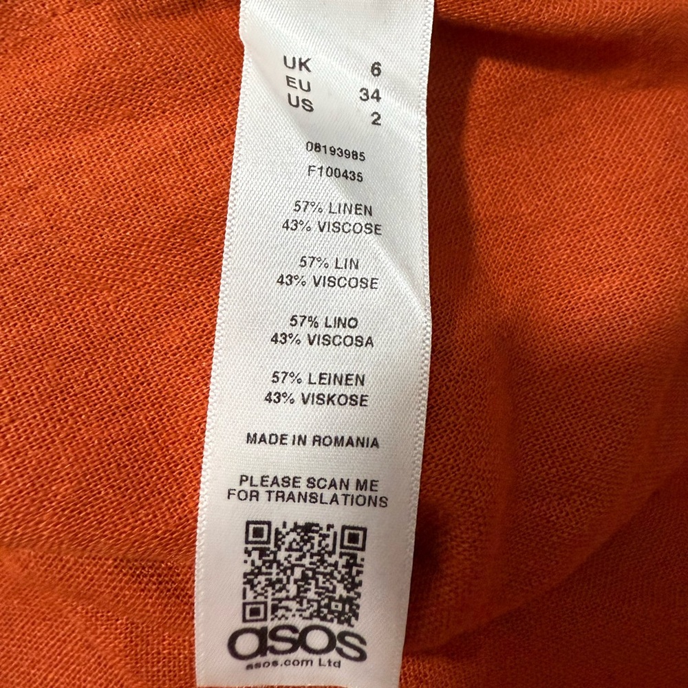 ASOS DESIGN Rust Linen Blend Bandeau Twist Front Draped Midi Dress US 2 - Picture 10 of 11